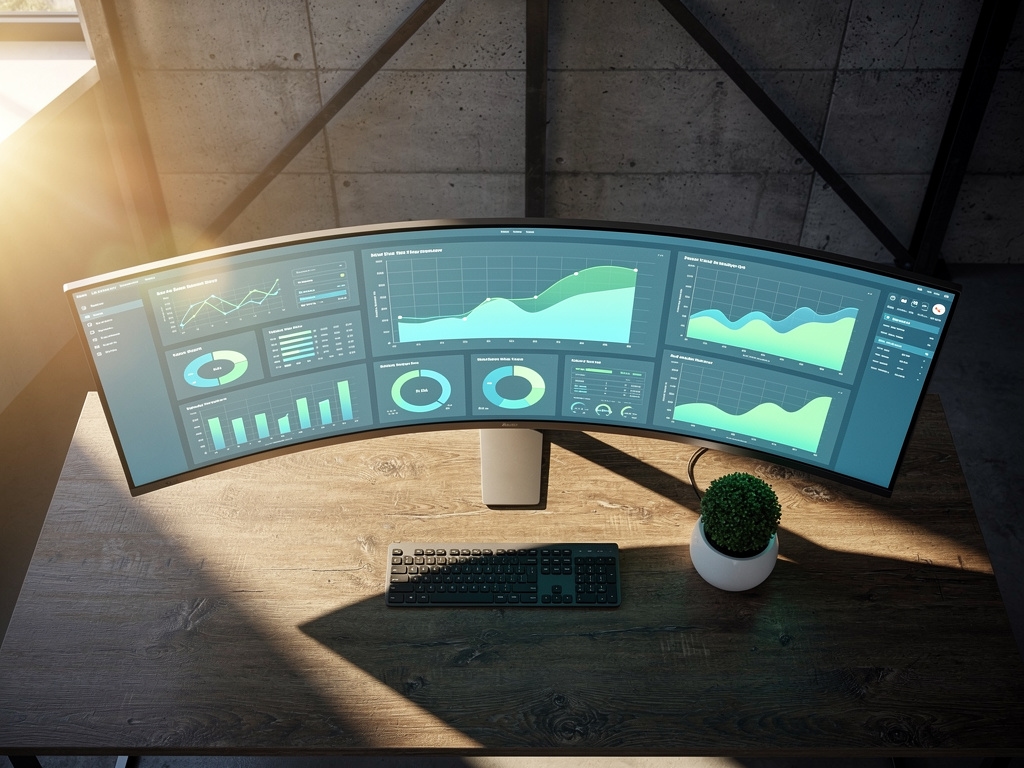 Panel de análisis de datos visualizado en una pantalla dentro de una oficina de estilo industrial