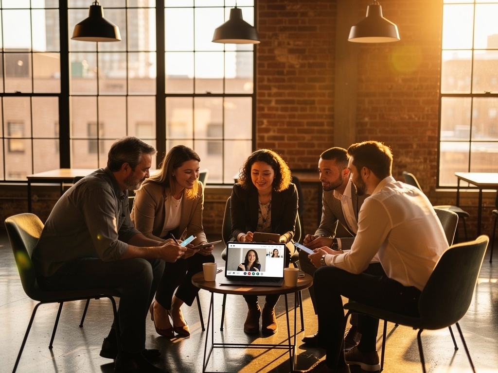 Grupo de profesionales siguiendo una sesión educativa en vivo desde distintos dispositivos en una sala de trabajo